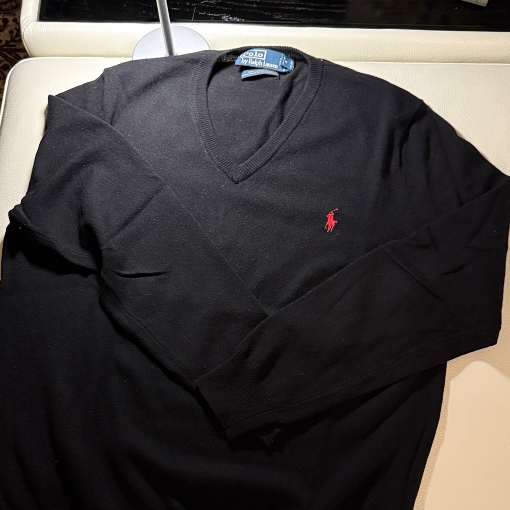 Polo by Ralph Lauren Men's V-Neck Black Sweater 100% merino wool